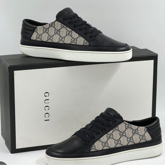 GUCCI LOW TOP TRAINERS Blue Leather size 8.5 Men 433716 - Picture 1 of 3